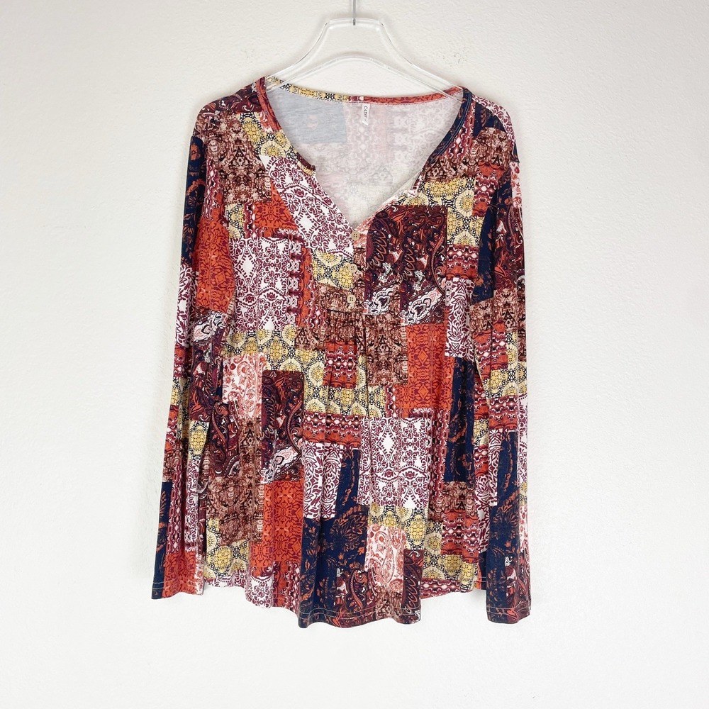 Cathy Top Womens Large Patchwork‎ Boho Cottage Hippie V-neck Stretch Pullover L